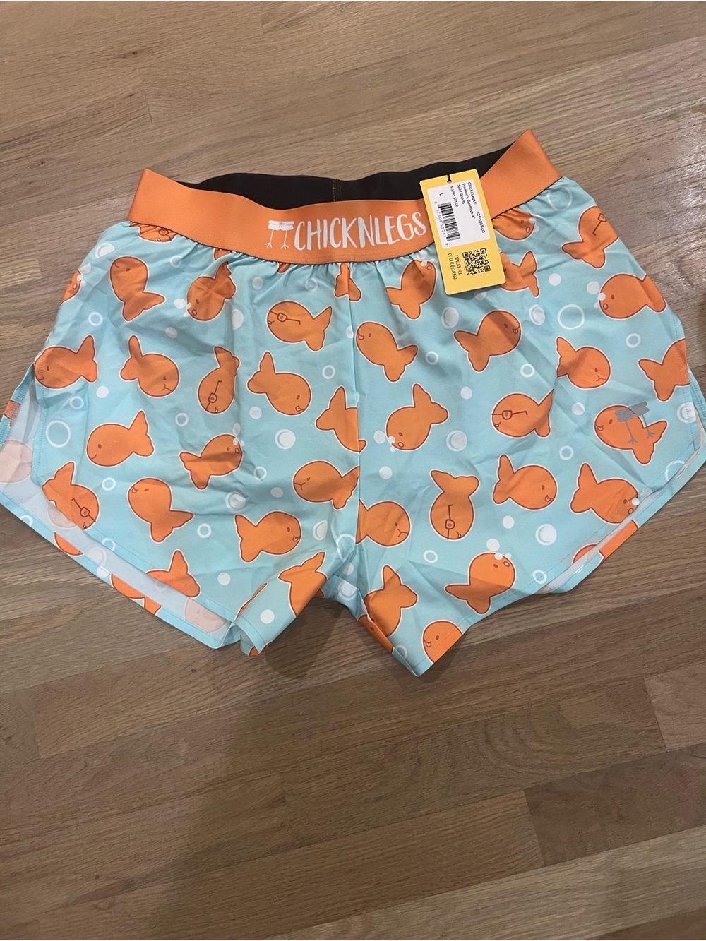 New! Chickn’ Legs brand women’s running Shorts - Goldfish print Aqua/Orange